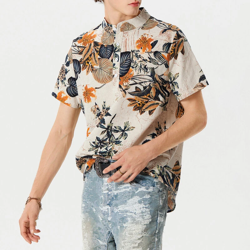 (image for) INCERUN Mens Shirts Hawaiian Short Sleeve Shirts Summer Holiday Beach Men Shirt Tropical Leaves Print Henley Shirts