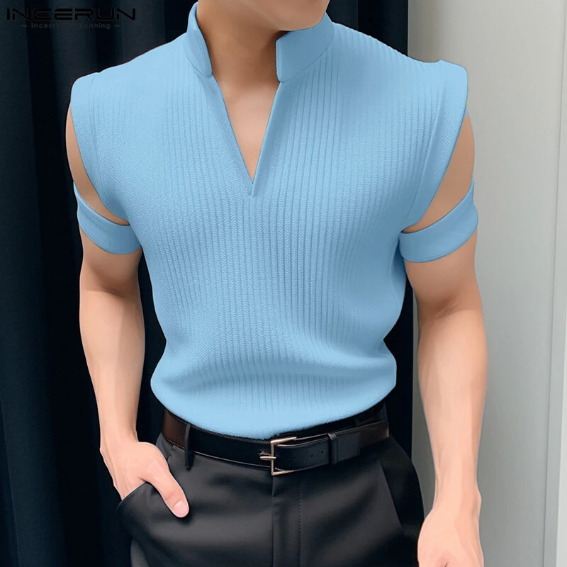 (image for) INCERUN Mens Solid Knit Textured Notched Neck T-Shirt Comfortable Stand Collar Short Sleeve Top for Male