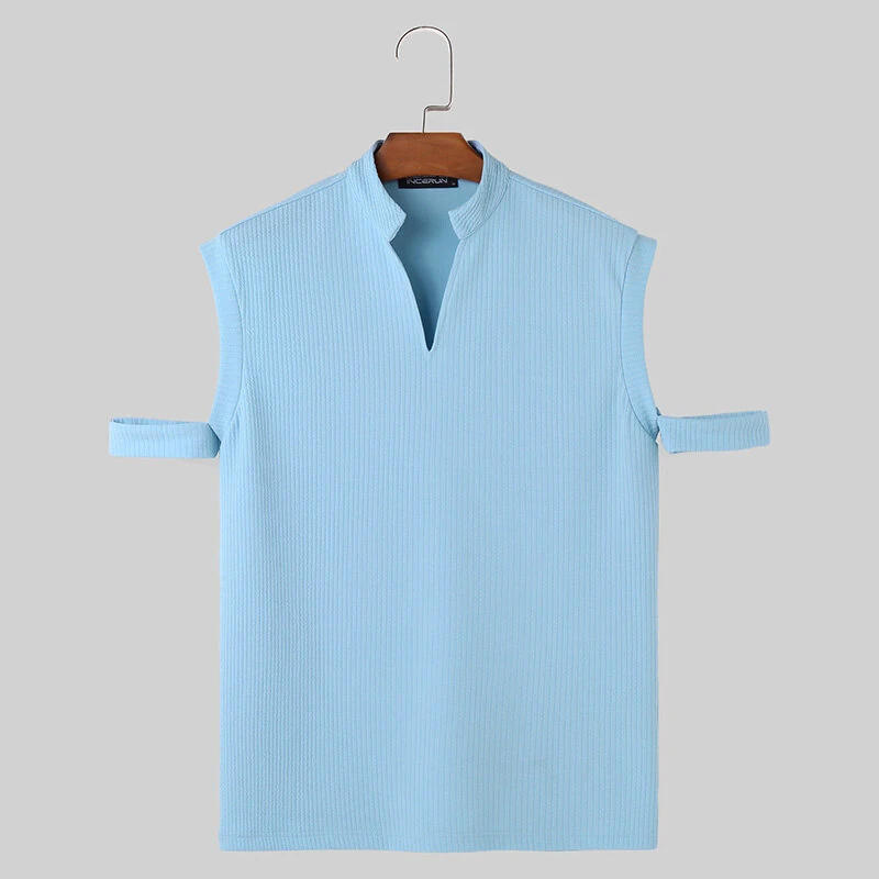 (image for) INCERUN Mens Solid Knit Textured Notched Neck T-Shirt Comfortable Stand Collar Short Sleeve Top for Male